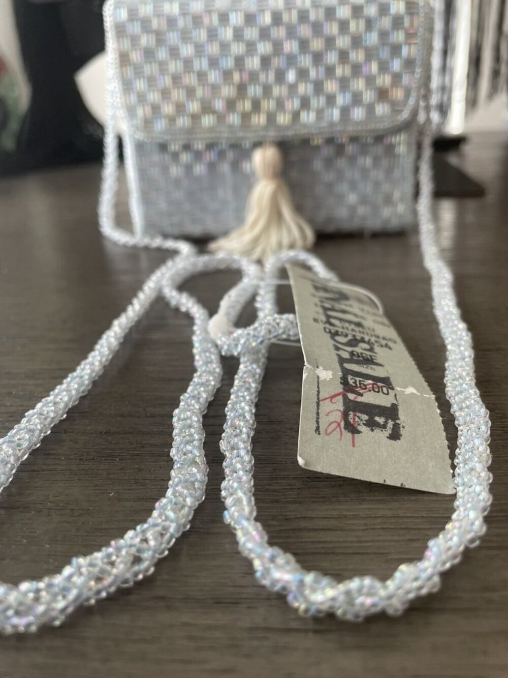Beaded Lt Blue Evening Bag With Bead Shoulder Strap With Tassel 4x5” Blue